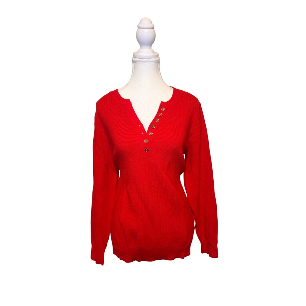 Red Ribbed Henley Sweater Gold Button Knit Top Women Large